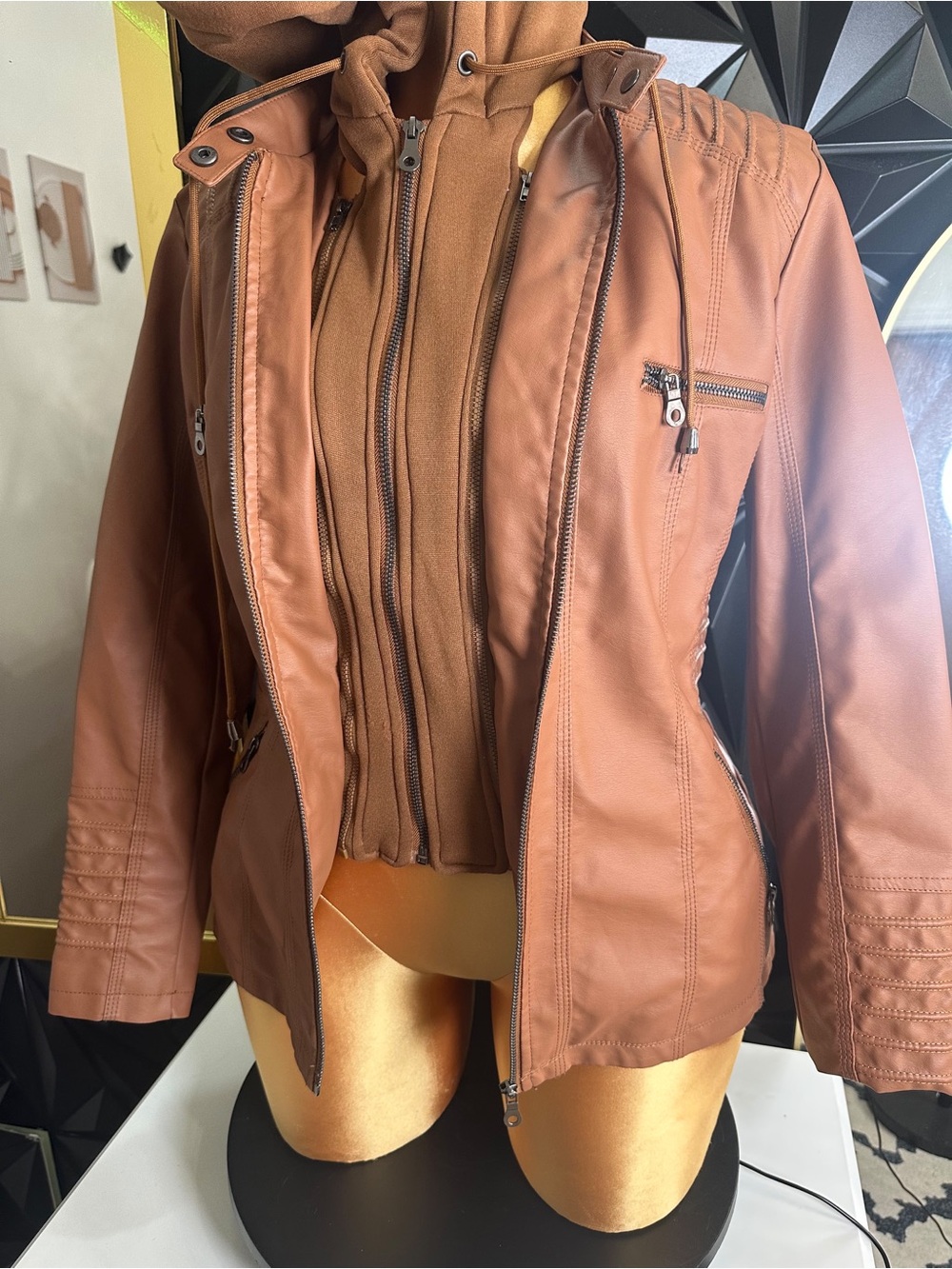 🔥🧥Women’s Faux Leather Jacket with Removable Hooded Liner - Brown
